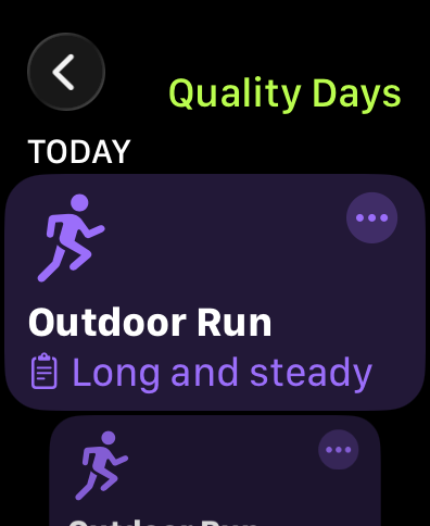 Apple Watch, the Workout app: today's Quality Days workouts listed, Outdoor Run, Long and steady, at the top.