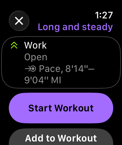 Apple Watch: the Long and steady workout opened, its pace target and Start Workout button.