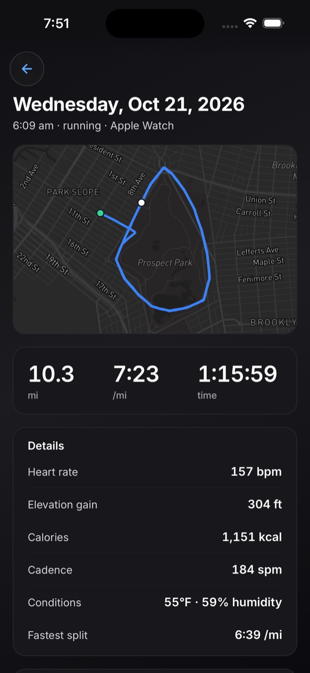An activity detail with the route map and per-mile splits.