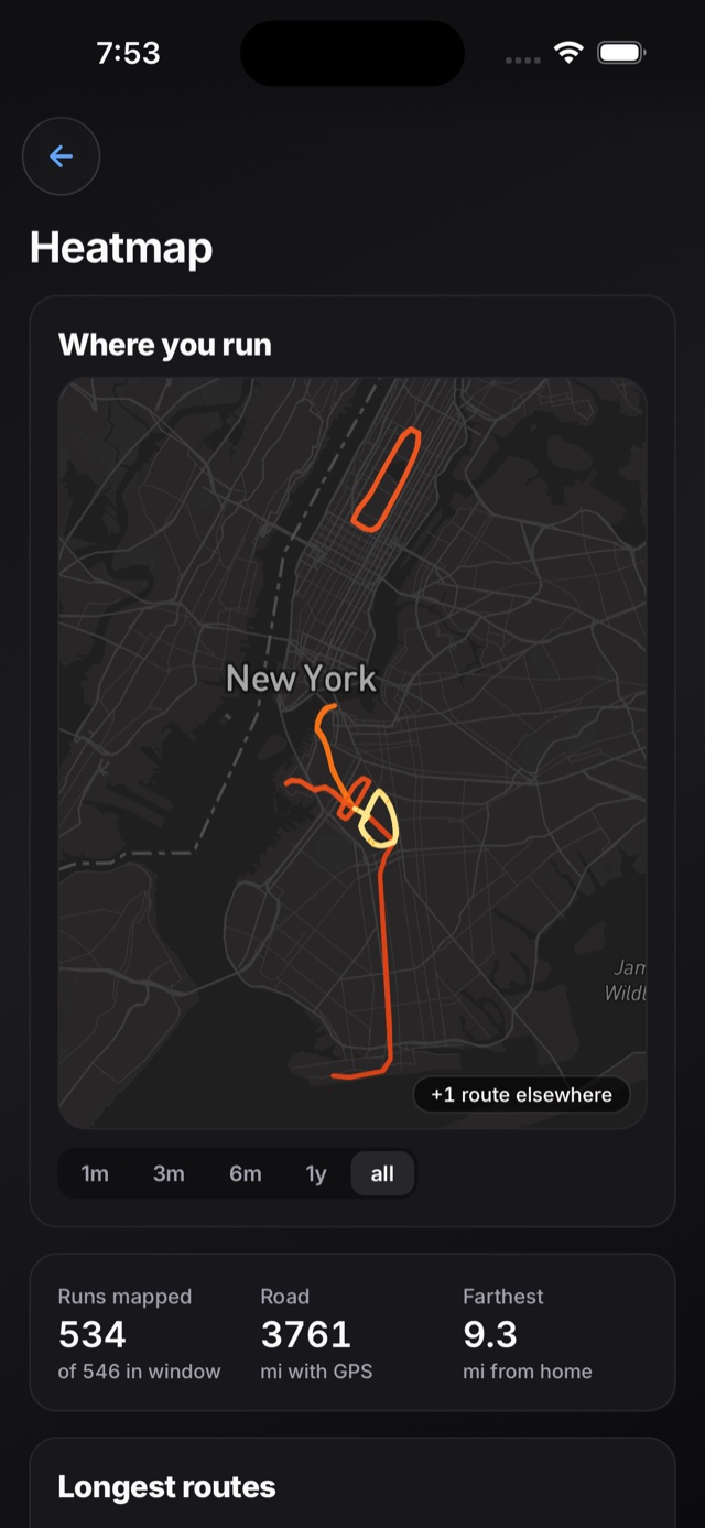 A route heatmap of every run, brightest on the most repeated streets.