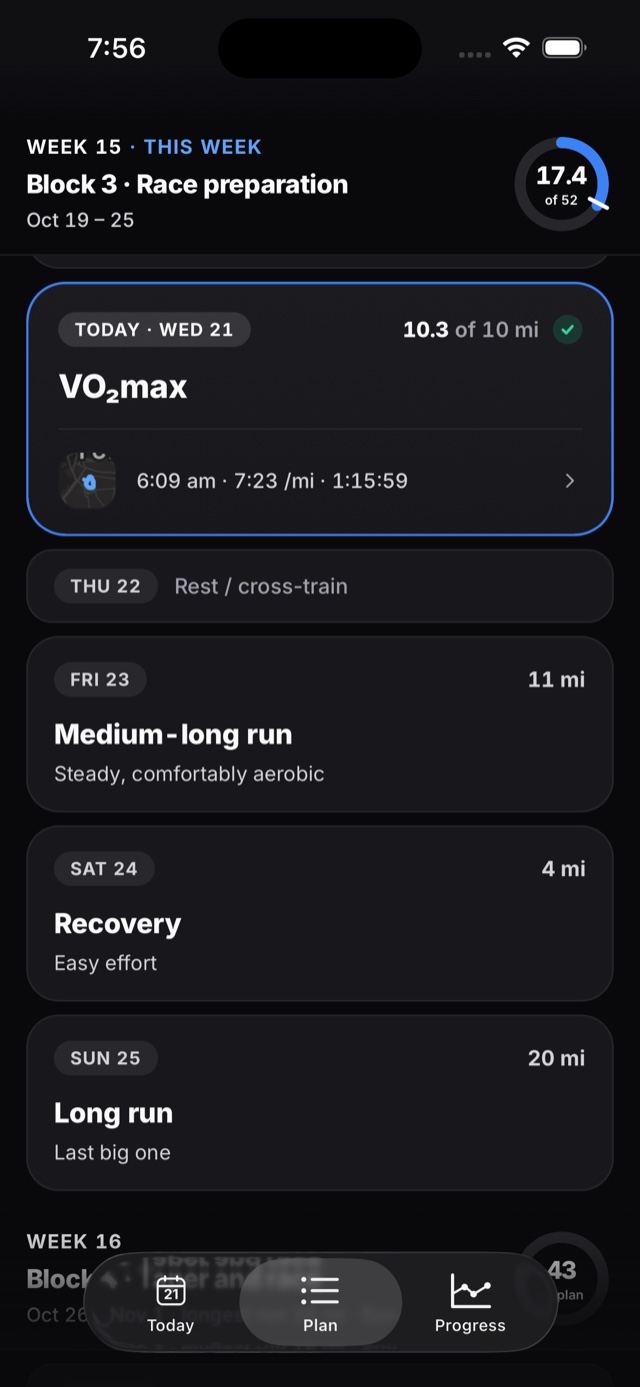 The plan week with today's VO2max session marked done, and the days still ahead underneath.