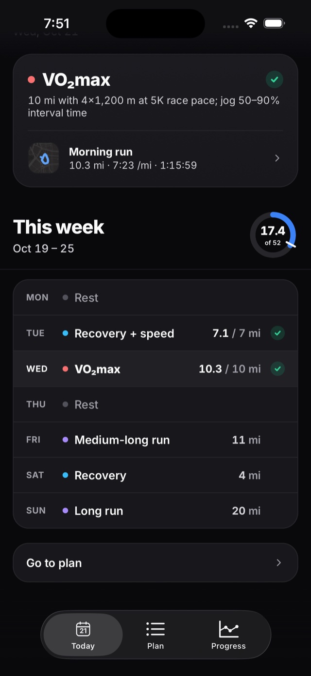 The week with each planned run ticked off as it is done, and the race card showing progress through the block.