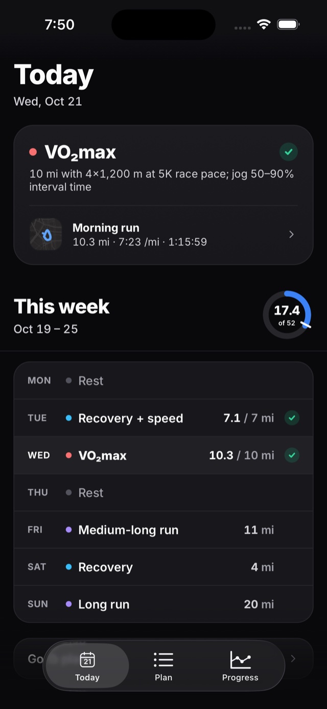 The Today screen: the workout the plan has for today, the run that answered it, and the week underneath.
